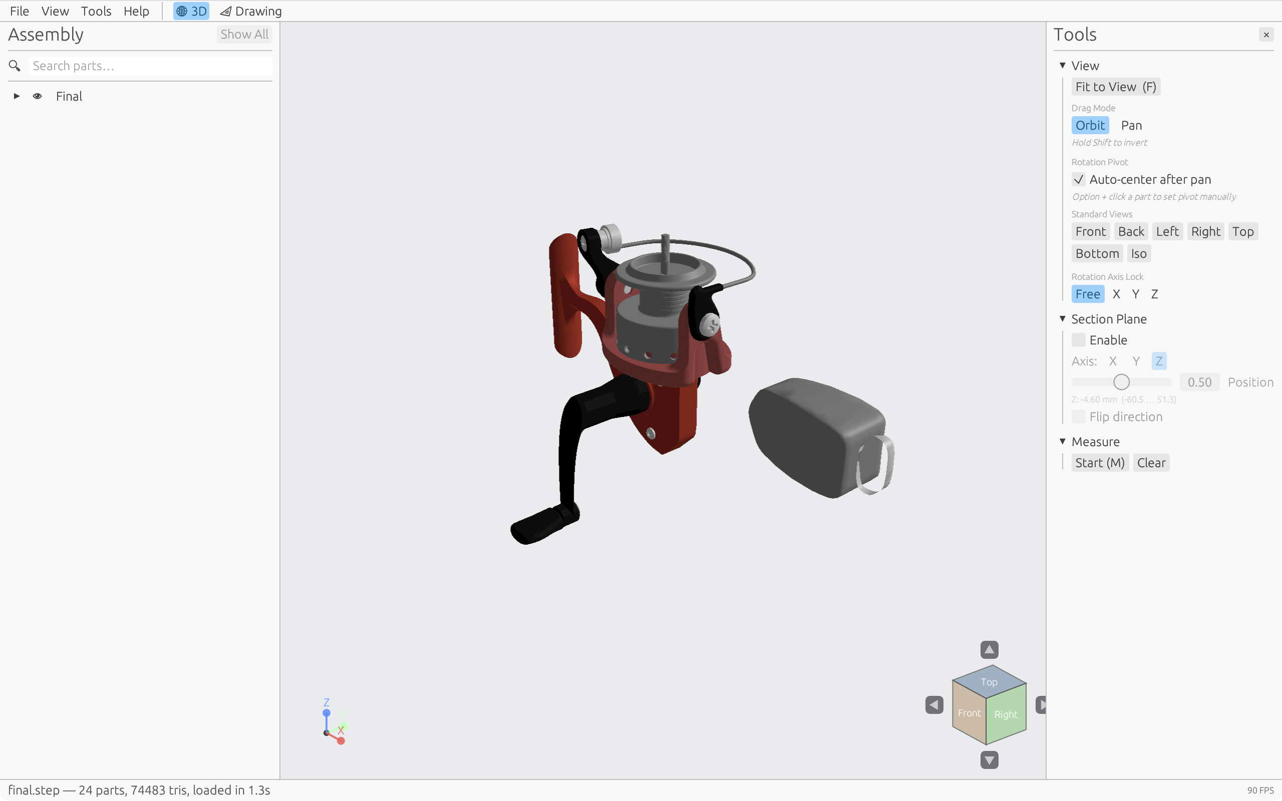 The MacStep window: assembly tree on the left, a coloured 24-part mechanical assembly in the 3D viewport, and the tools panel on the right.